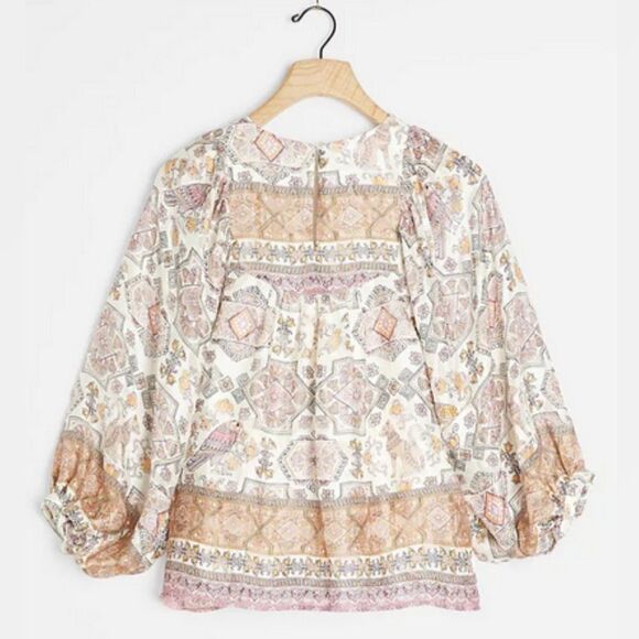 ANTHROPOLOGIE Floral Egyptian Cat Boho Silk Blouse Flowy Balloon Sleeves Size M - Picture 6 of 13